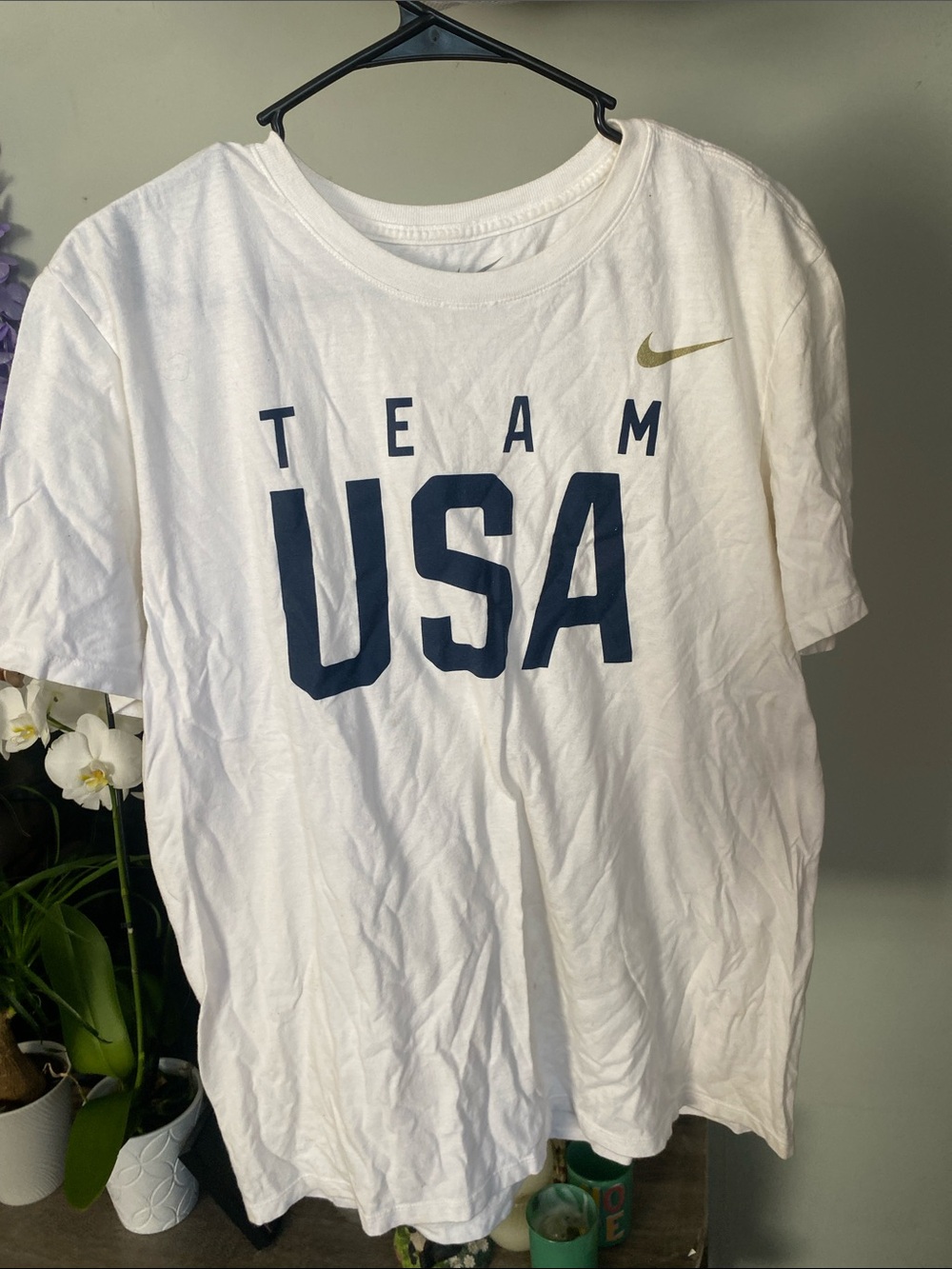Nike White Kids T‑Shirt with Navy TEAM USA and Gold Swoosh